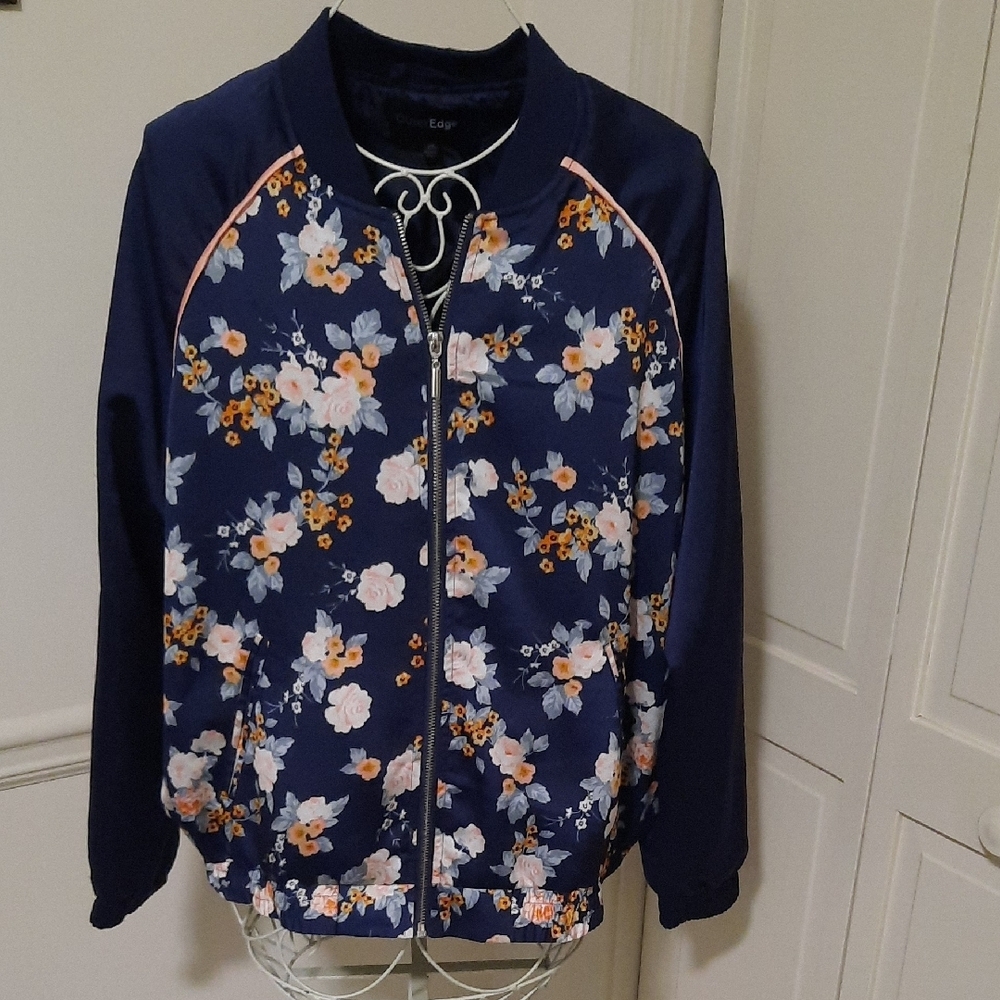 Outer Edge Blue Bomber Jacket with Ribbed Cuffs and Collar